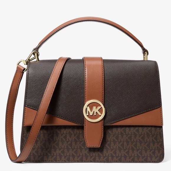 Michael Kors Greenwich Medium Signature Logo Satchel Bag Brown Multi - Picture 1 of 11